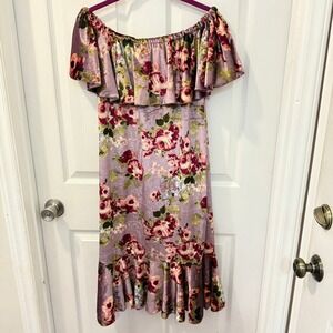 LuLaRoe Cici Floral Velvet Off Shoulder Flounce Dress Ruffle Pink Purple Large L